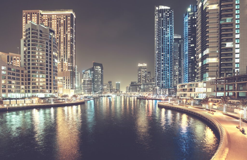 Dubai Marina at night, United Arab Emirates.